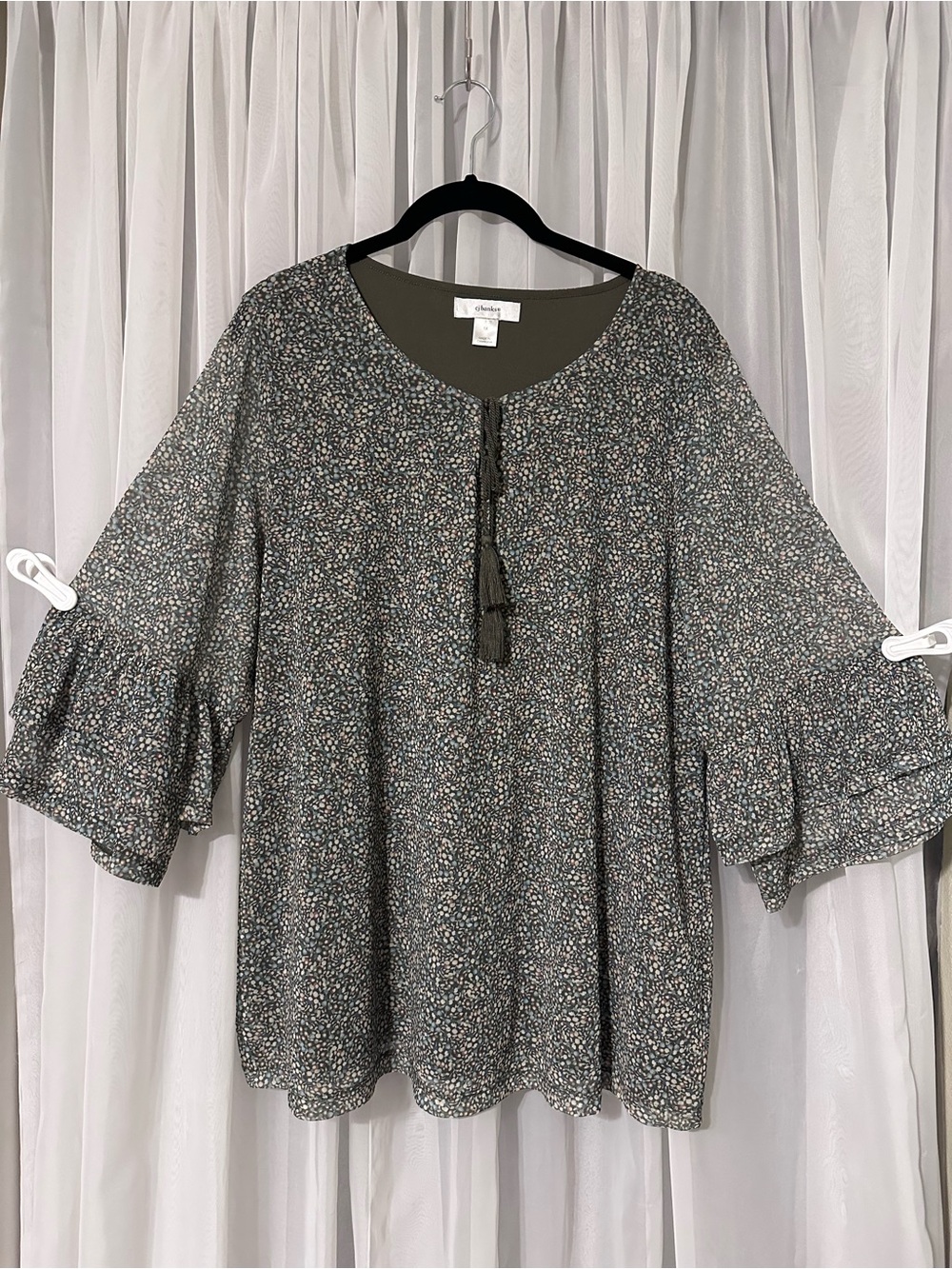 CJ Banks Olive Green Floral Peasant 3/4 Sleeve Tie Neckline Top Blouse Size 1X